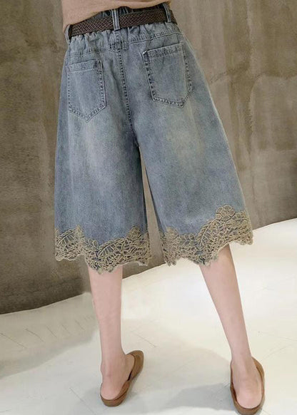 Blue Lace Patchwork Denim Hot Pants Summer