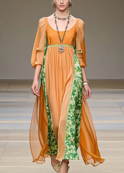 Orange U Neck Patchwork Chiffon Robe Dresses Bracelet Sleeve