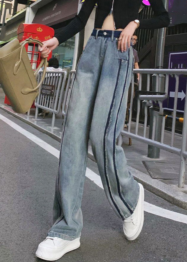 Blue Patchwork Zippered Button Straight Jeans