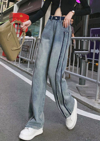 Blue Patchwork Zippered Button Straight Jeans