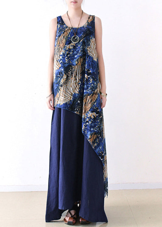 Blue Asymmetrical Print Chiffon Top and Linen Spaghetti Strap Dress Two Pieces Set Summer