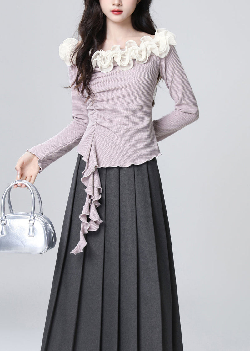 French Purple Slash Neck Ruffled Patchwork Cotton Top Spring