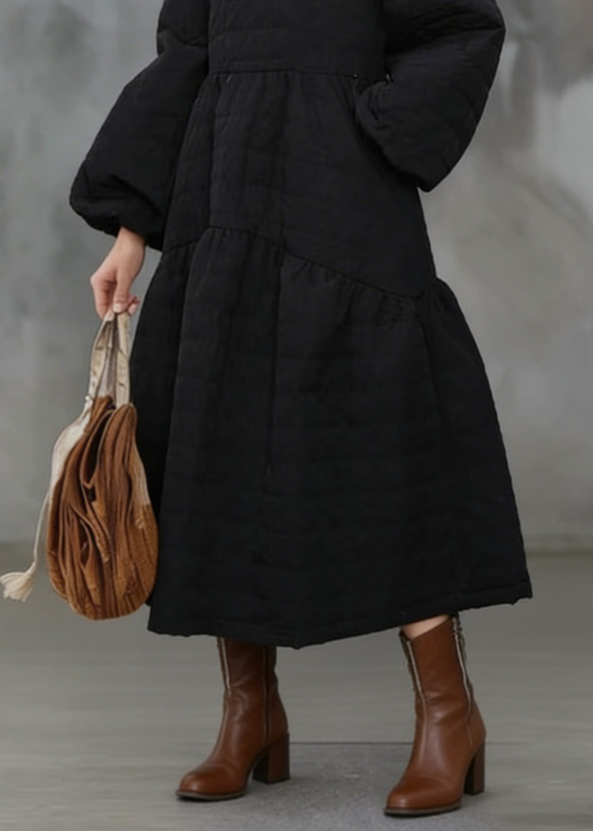 Black O Neck Pockets Patchwork Fine Cotton Filled Dress Winter
