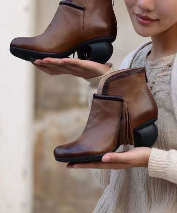Tassel Splicing Chunky Ankle Boots Brown Cowhide Leather
