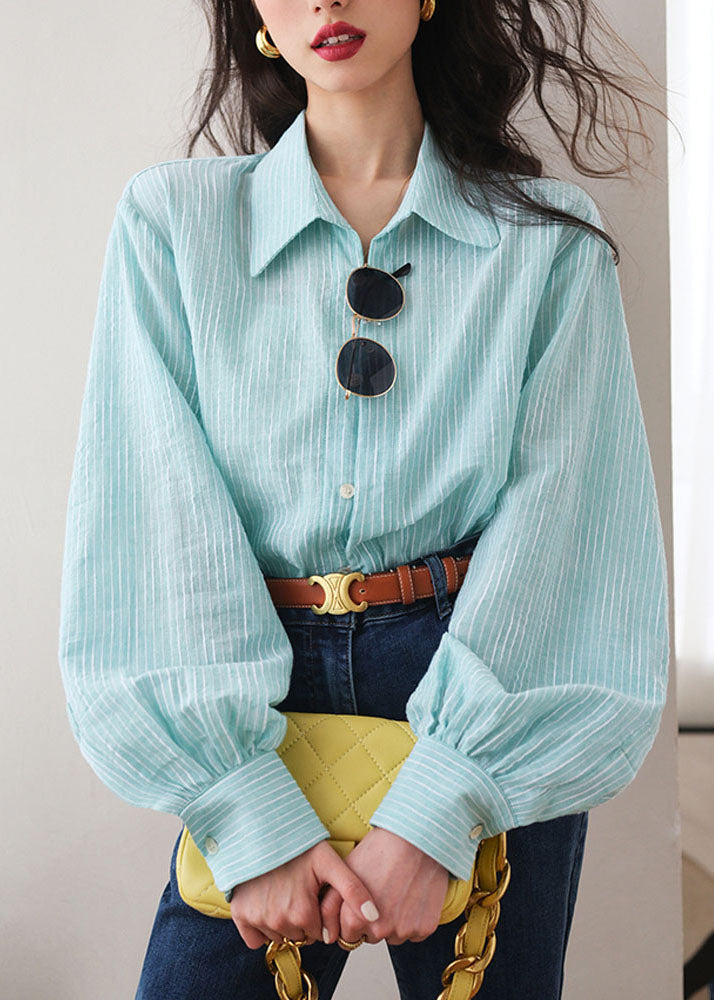 Blue Striped Peter Pan Collar Shirt Lantern Sleeve