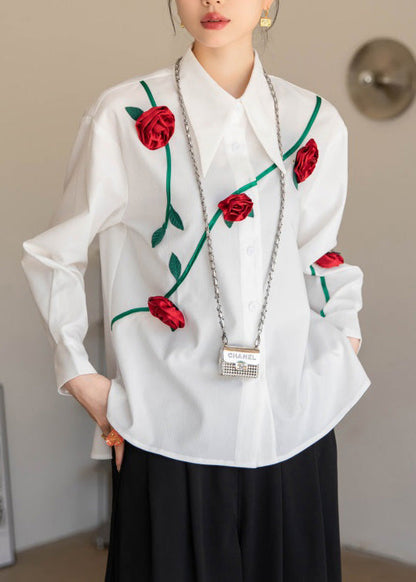 Modern White Peter Pan Collar Button Cotton Shirt Spring