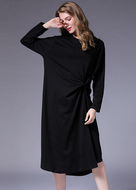 Black Wrinkled Asymmetrical Design Side Open Long Dresses Fall