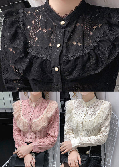 French Black Stand Collar Ruffled Lace Blouse Tops Long Sleeve