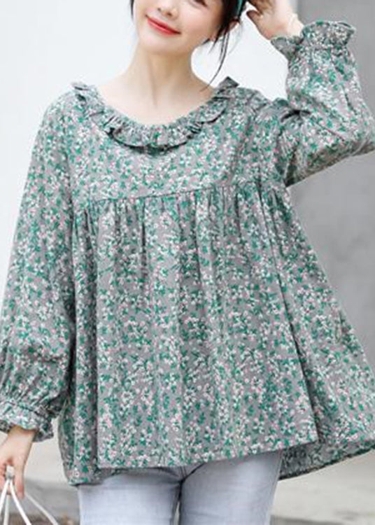 Grey Print Wrinkled Cotton Loose Shirt Top Long Sleeve