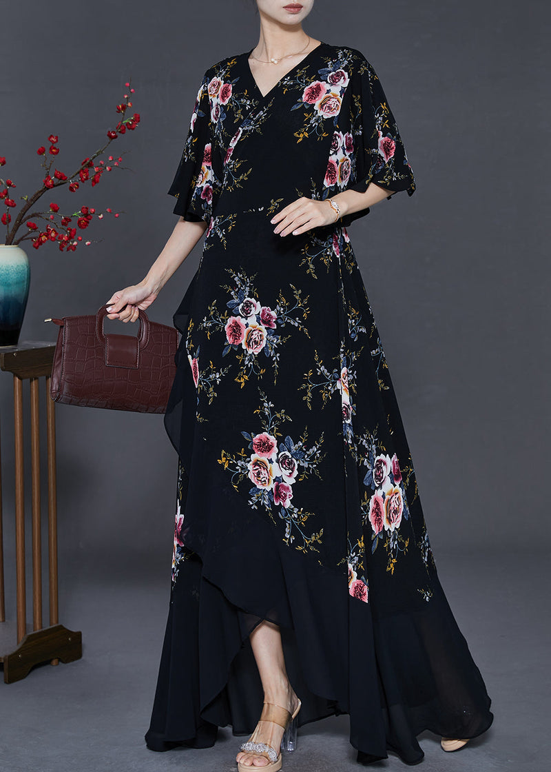 Black Asymmetrical Print Chiffon Maxi Dresses Summer