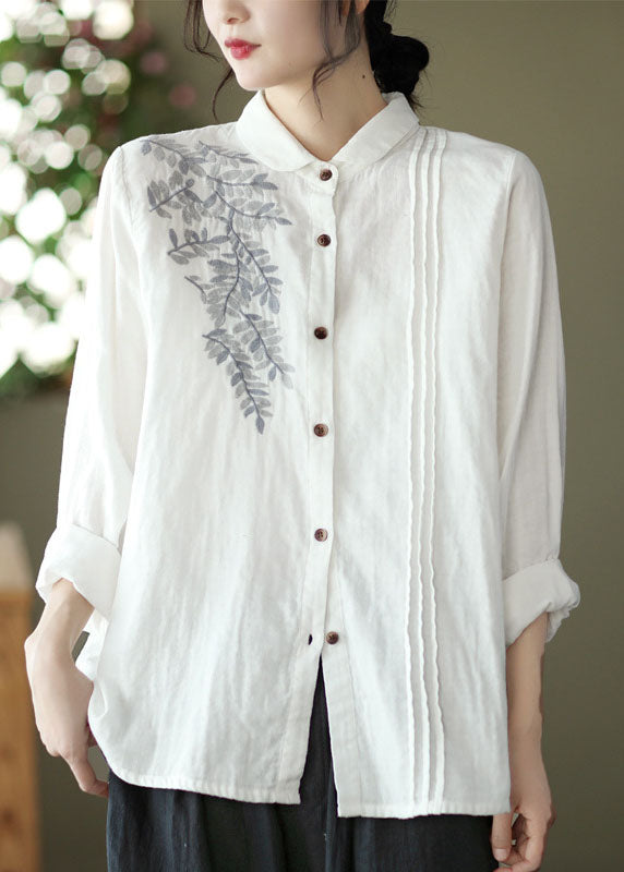 White Peter Pan Collar Embroideried Cotton Blouse Top Spring