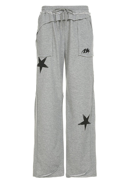 Grey Five Pointed Star Print Cotton Straight Pants Spring