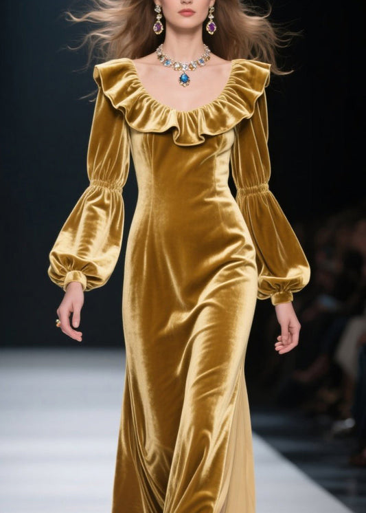 Yellow Ruffled Patchwork Velvet Long Dress Fall