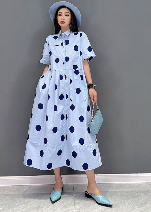 Blue Peter Pan Collar Dot Print Pockets Shirt Dresses Short Sleeve