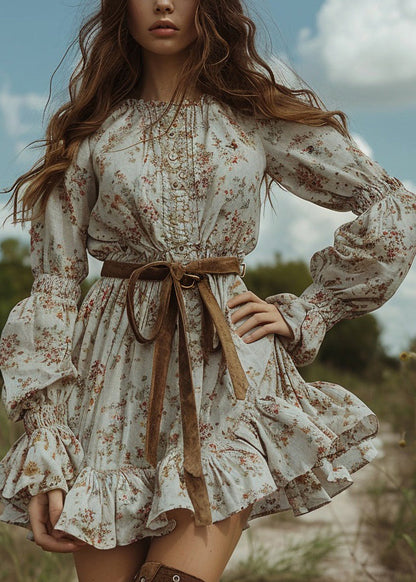 Pastoral Style Ruffled Mini Dresses Long Sleeve