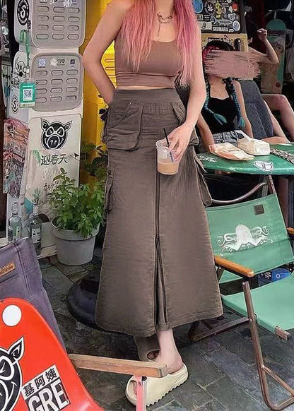 Chocolate Zip Up Pockets Silk a Line Skirt Fall