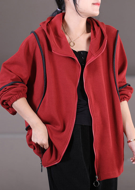 Mulberry Zippered Patchwork Drawstring Hooded Sweatshirt Fall