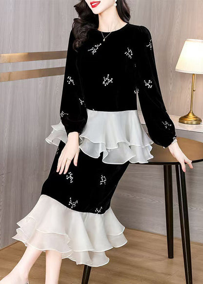 Black Embroidered Patchwork Silk Velvet Two-piece Set Spring