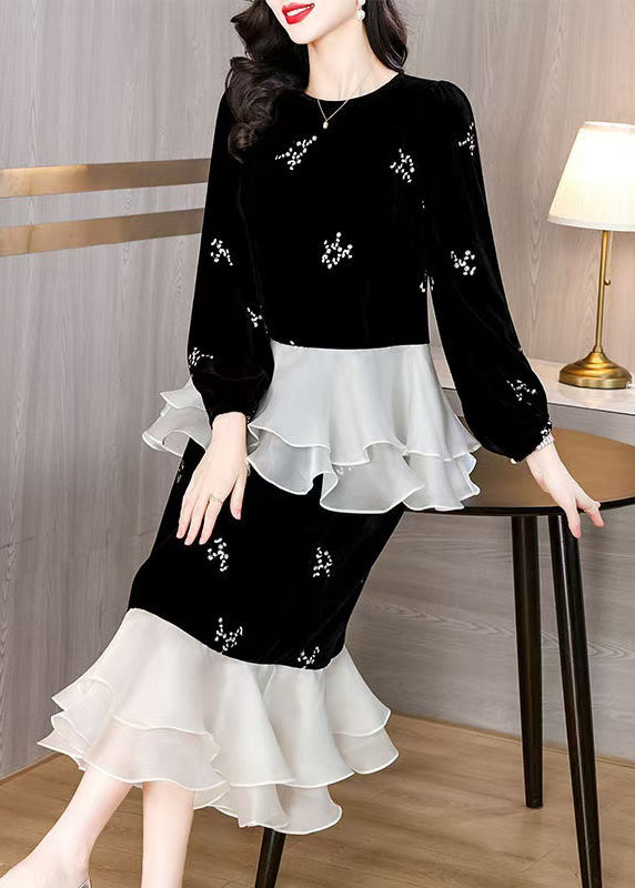 Black Embroidered Patchwork Silk Velvet Two-piece Set Spring