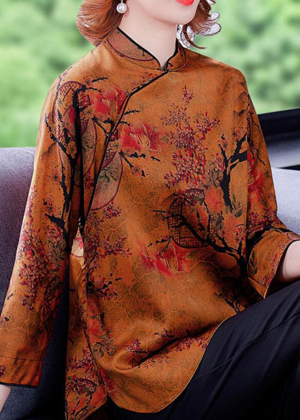 Ginger Stand Collar Side Open Print Silk Blouse Top Spring