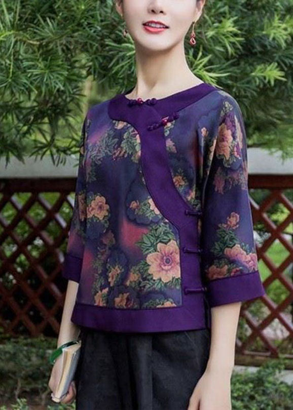 Oriental Purple Button O-neck Print Silk Tops Half Sleeve