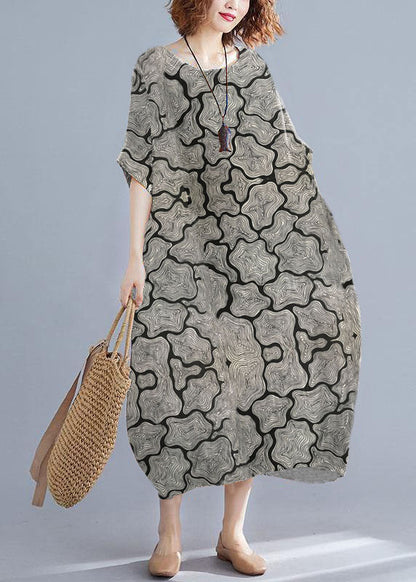 Orange Cashews O-neck Striped Summer Cotton Maxi Dresses