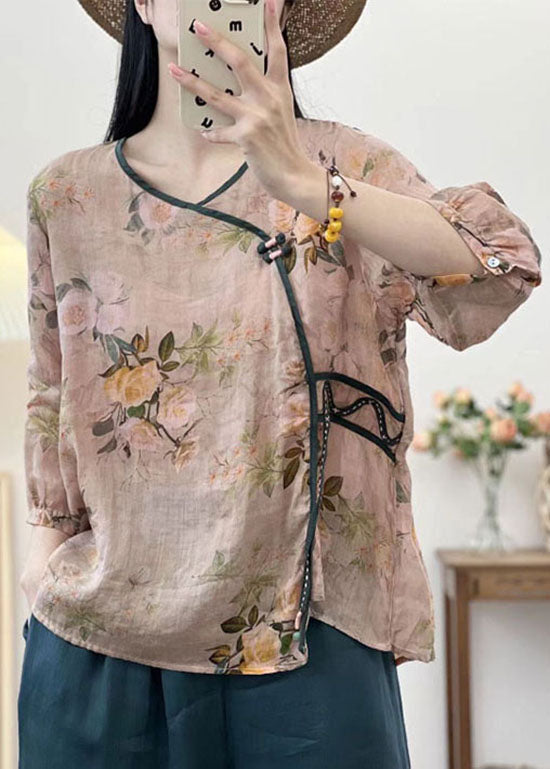 Khaki V Neck Print Button Patchwork Linen Shirts Summer