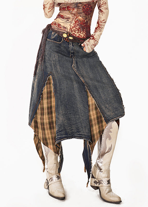 Blue Plaid Patchwork Denim Maxi Skirts