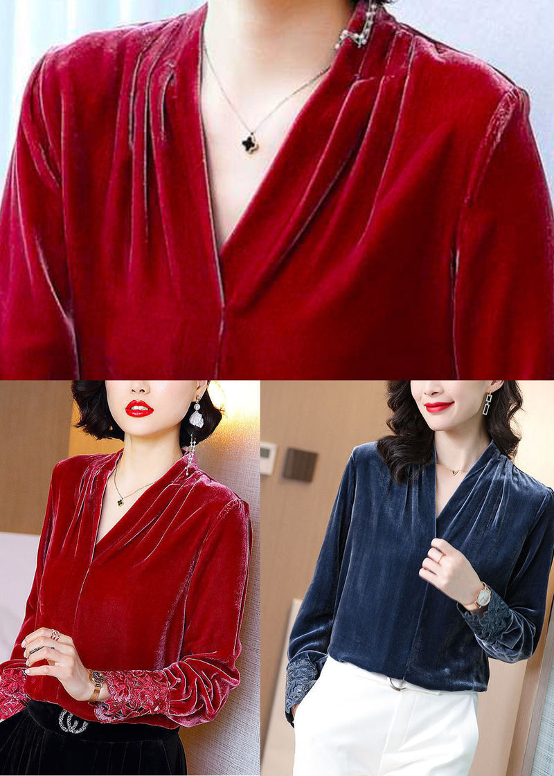 Grey Blue Silk Velour Shirt V Neck Hollow Out Long Sleeve
