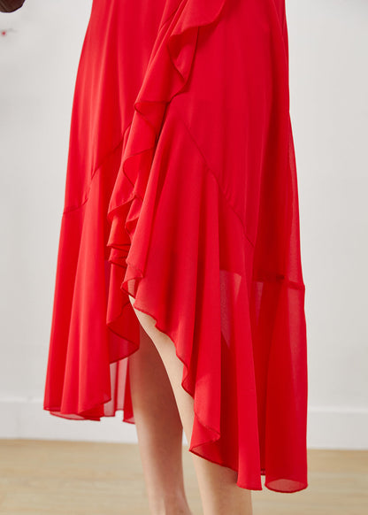 Red Ruffled Side Open Chiffon Cami Dresses Summer