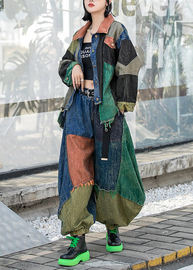 Vogue Colorblock Peter Pan Collar Button Patchwork Denim Coats and Harem Pants Two Pieces Set Long Sleeve