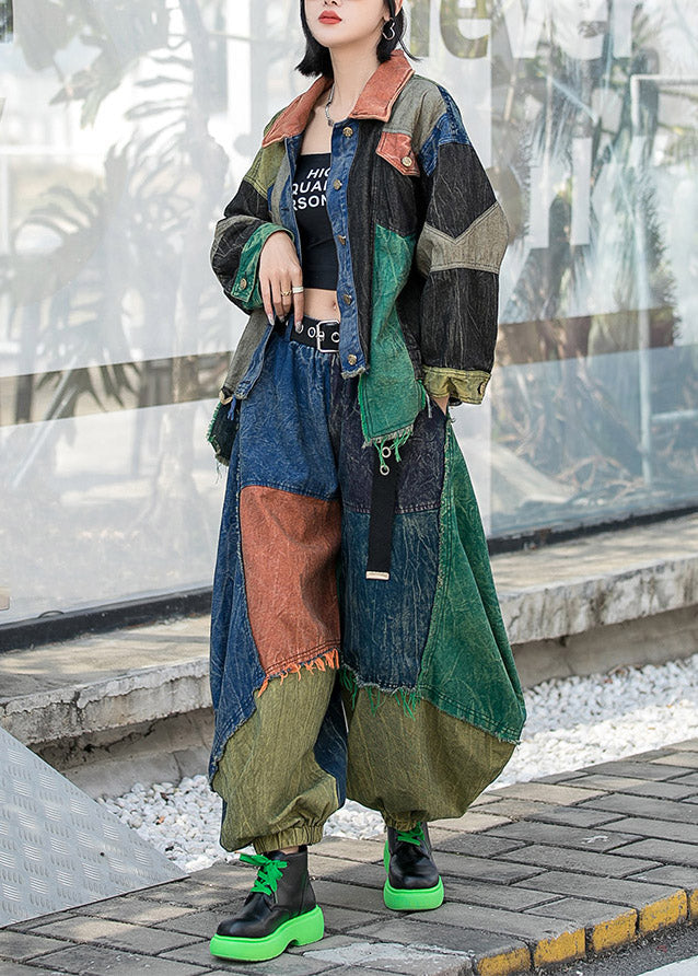 Vogue Colorblock Peter Pan Collar Button Patchwork Denim Coats and Harem Pants Two Pieces Set Long Sleeve