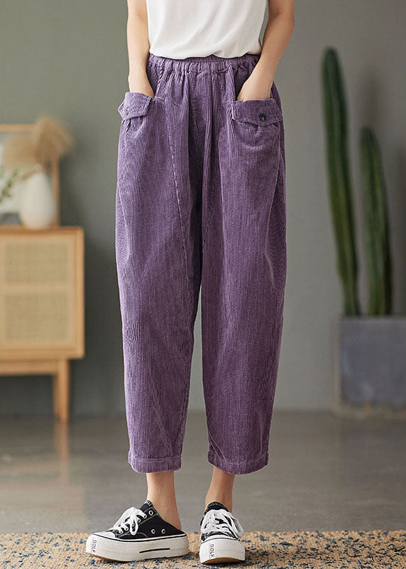 Natural Purple Retro Pockets Corduroy Fall Pants