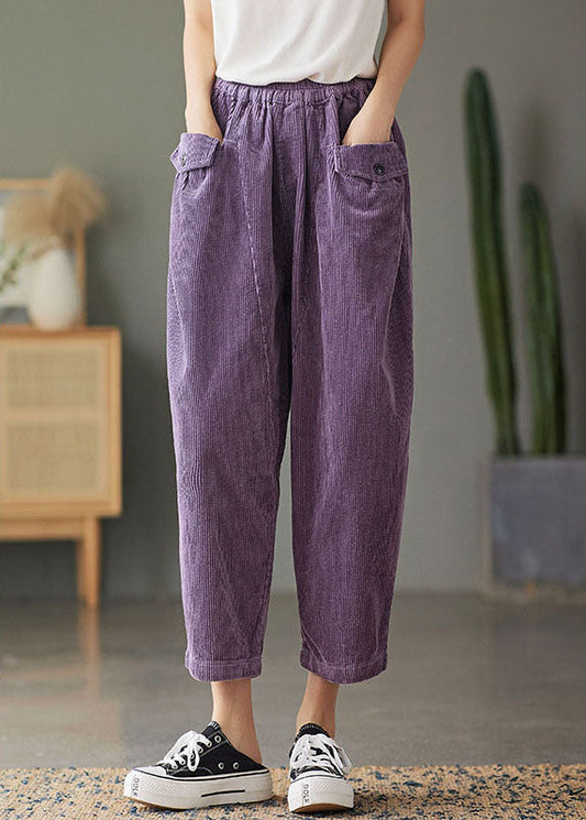 Natural Purple Retro Pockets Corduroy Fall Pants