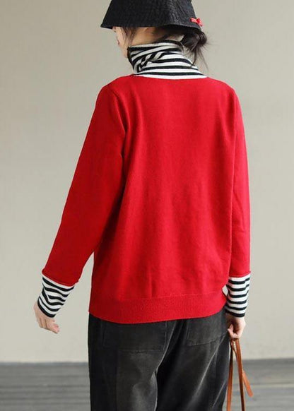 Cozy Spring Red Sweaters Patchwork High Neck Blouse