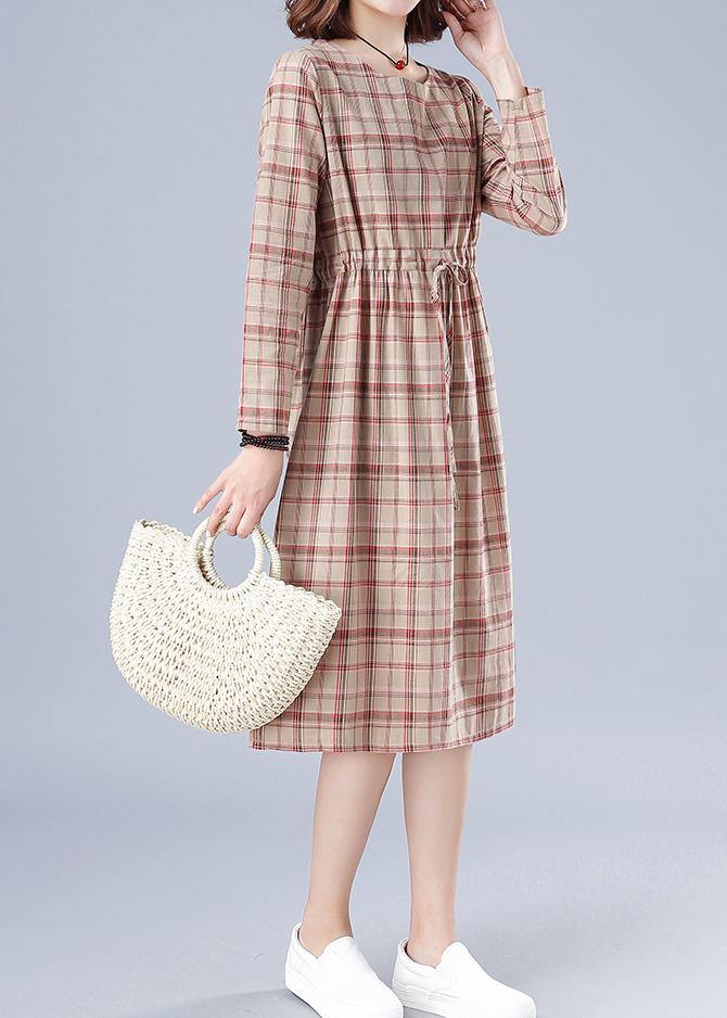 O Neck Drawstring Spring Clothes Ideas Nude Plaid Dresses