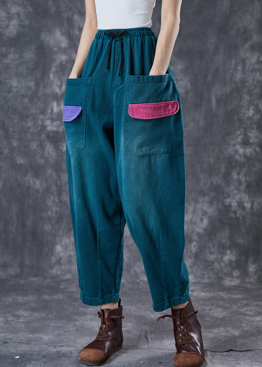 Green Oversized Patchwork Pockets Cotton Harem Pants Spring