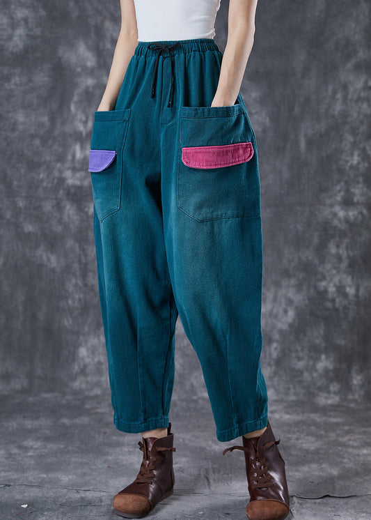 Green Oversized Patchwork Pockets Cotton Harem Pants Spring