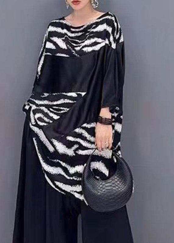 Black White Striped O-neck Patchwork Silk Shirt Summer
