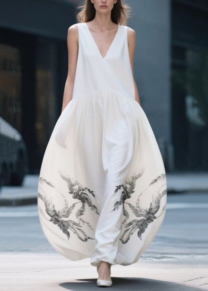 White Print Exra Large Hem Chiffon Beach Dress Summer