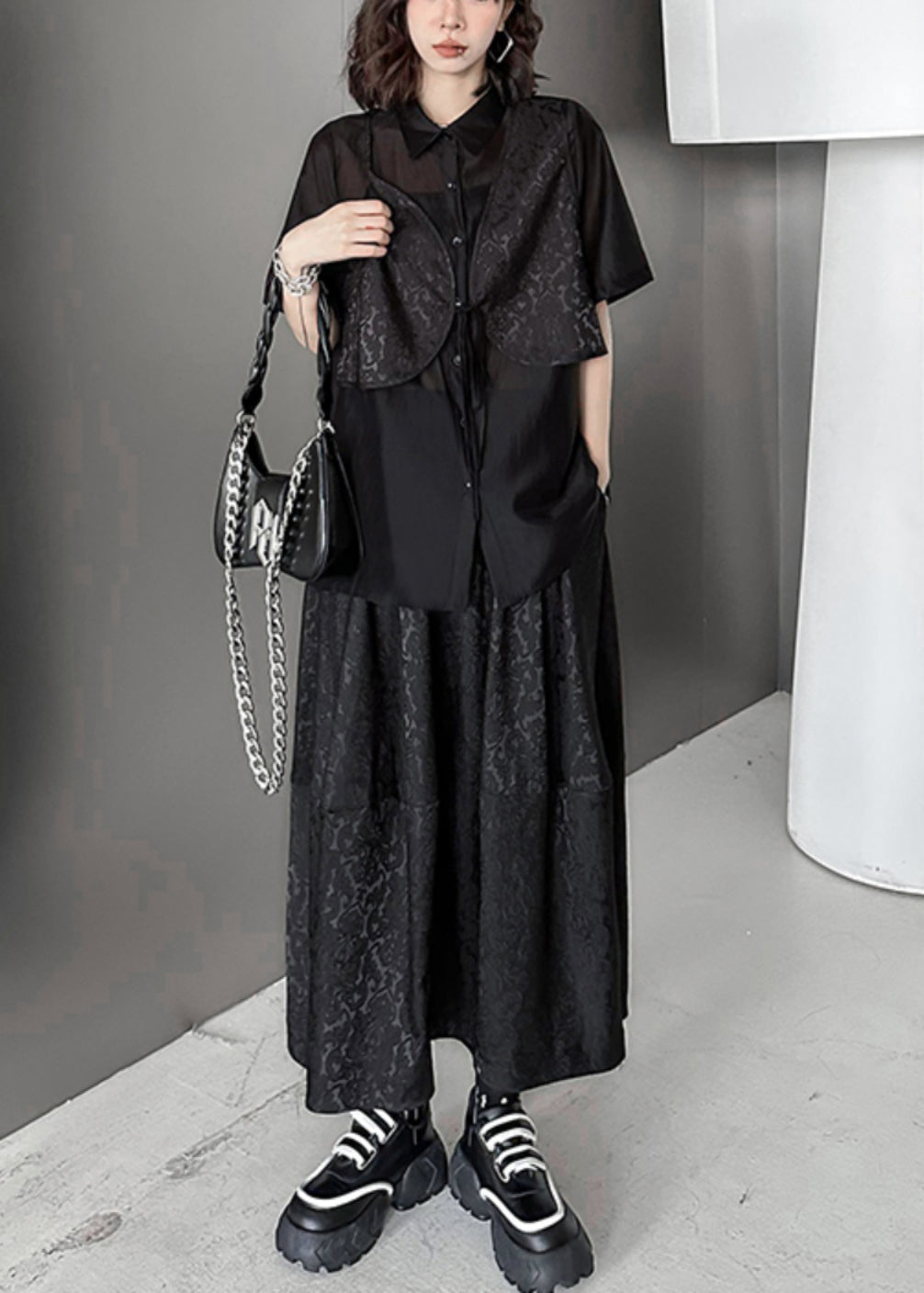 Black Jacquard Lace Up Patchwork Silk Cotton Two Piece Set Summer