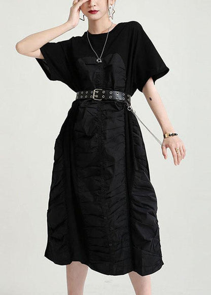 Black Cinched O-neck Patchwork Summer Button Dresses
