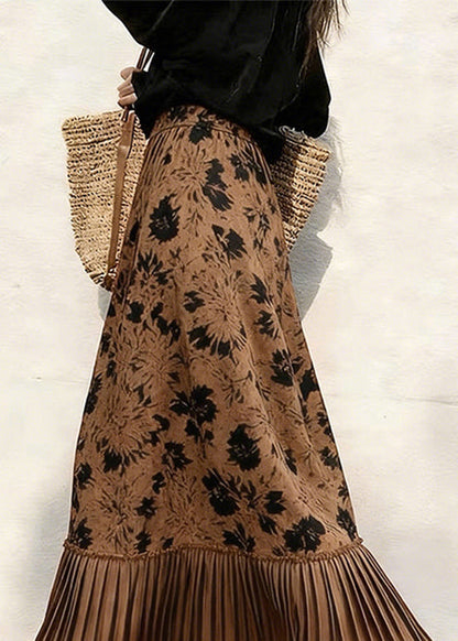 Coffee Print Pleated Patchwork Skirts Spring