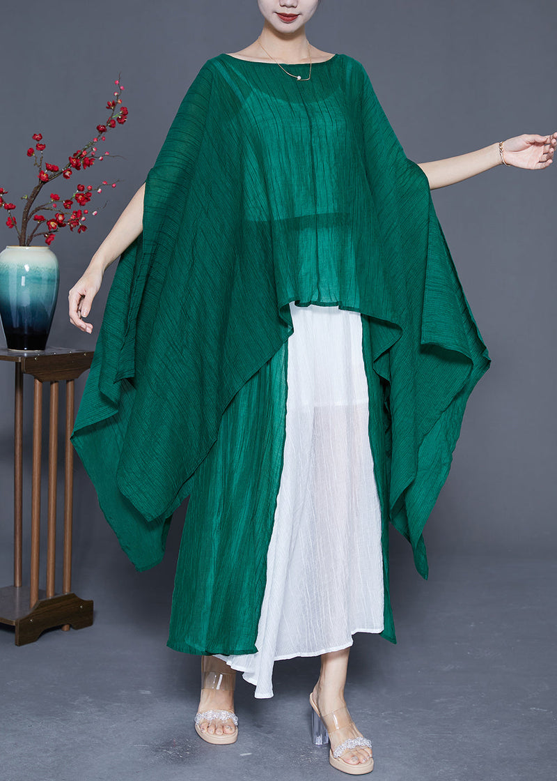 Blackish Green Oversized Asymmetrical Design Silk Two Pieces Set Summer