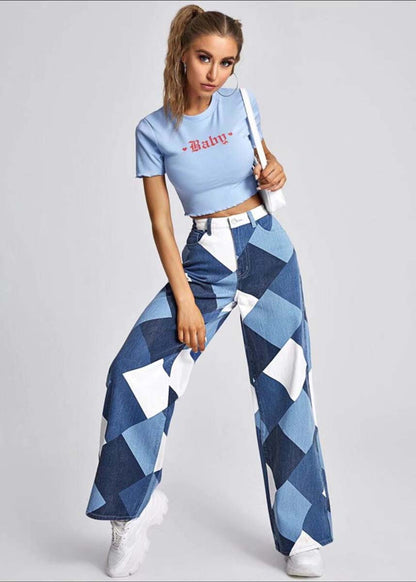 Blue Oversized Plaid Denim Straight Pants Summer