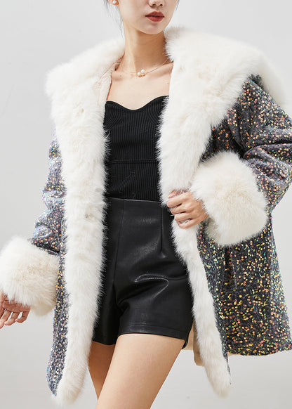 Grey Sequins Warm Faux Fur Velour Hoodie Coat Winter