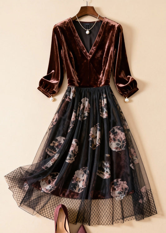 Coffee Print Pearl Tulle Patchwork Silk Velvet Dresses Bracelet Sleeve