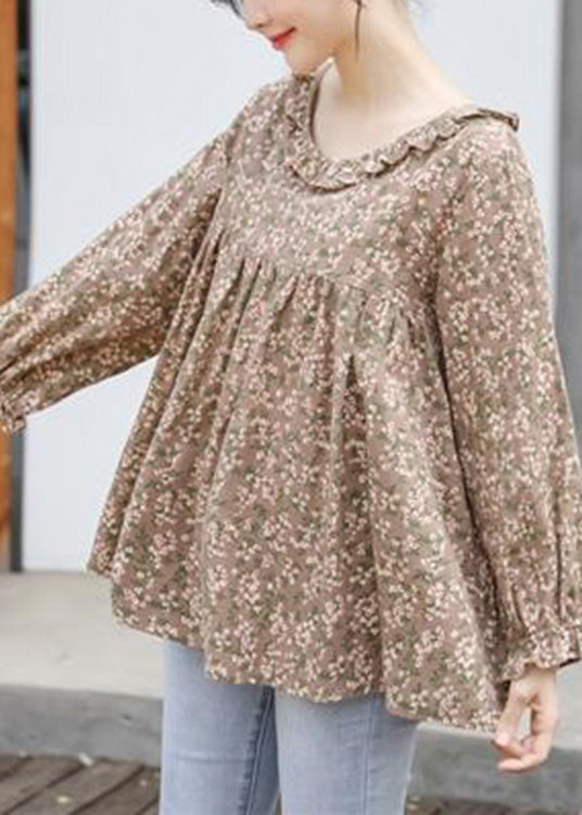 Khaki Ruffled Print Cotton Shirt Tops Long Sleeve Fall