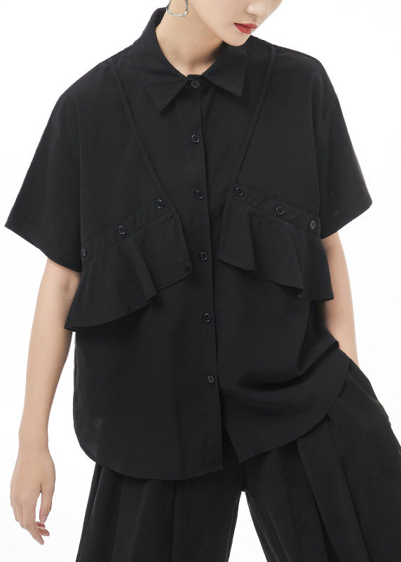 Black Peter Pan Collar Asymmetrical Design Shirt Tops Short Sleeve