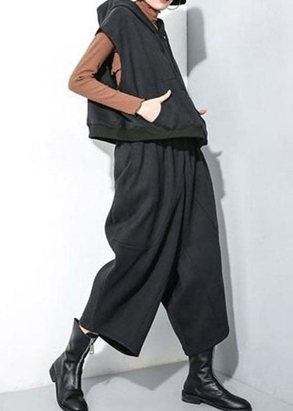 Black Pockets Warm Fleece Two Pieces Set Drawstring Sleeveless Waistcoat